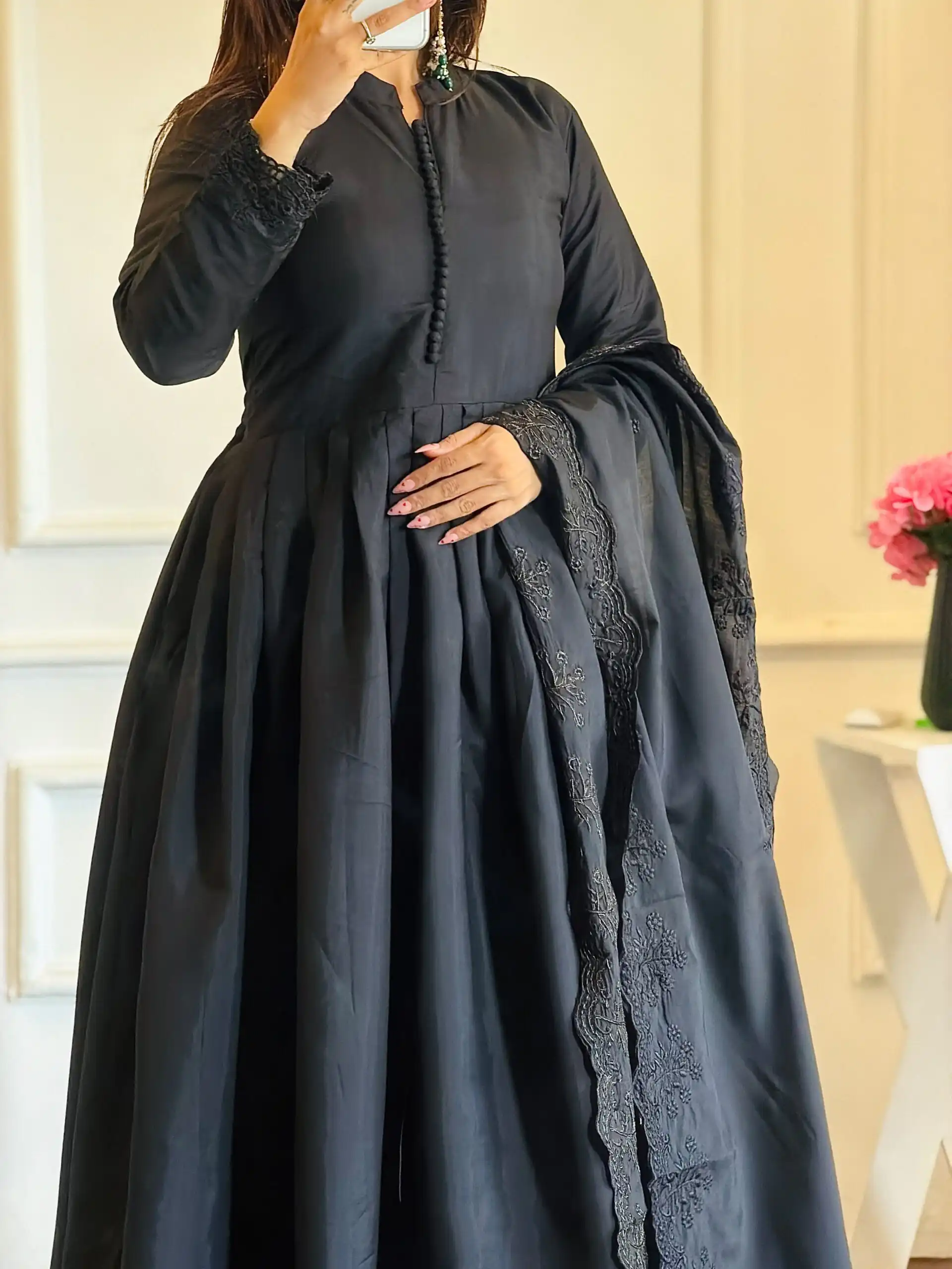Fancy Black Roman Silk Embroidery Cut Work Gown