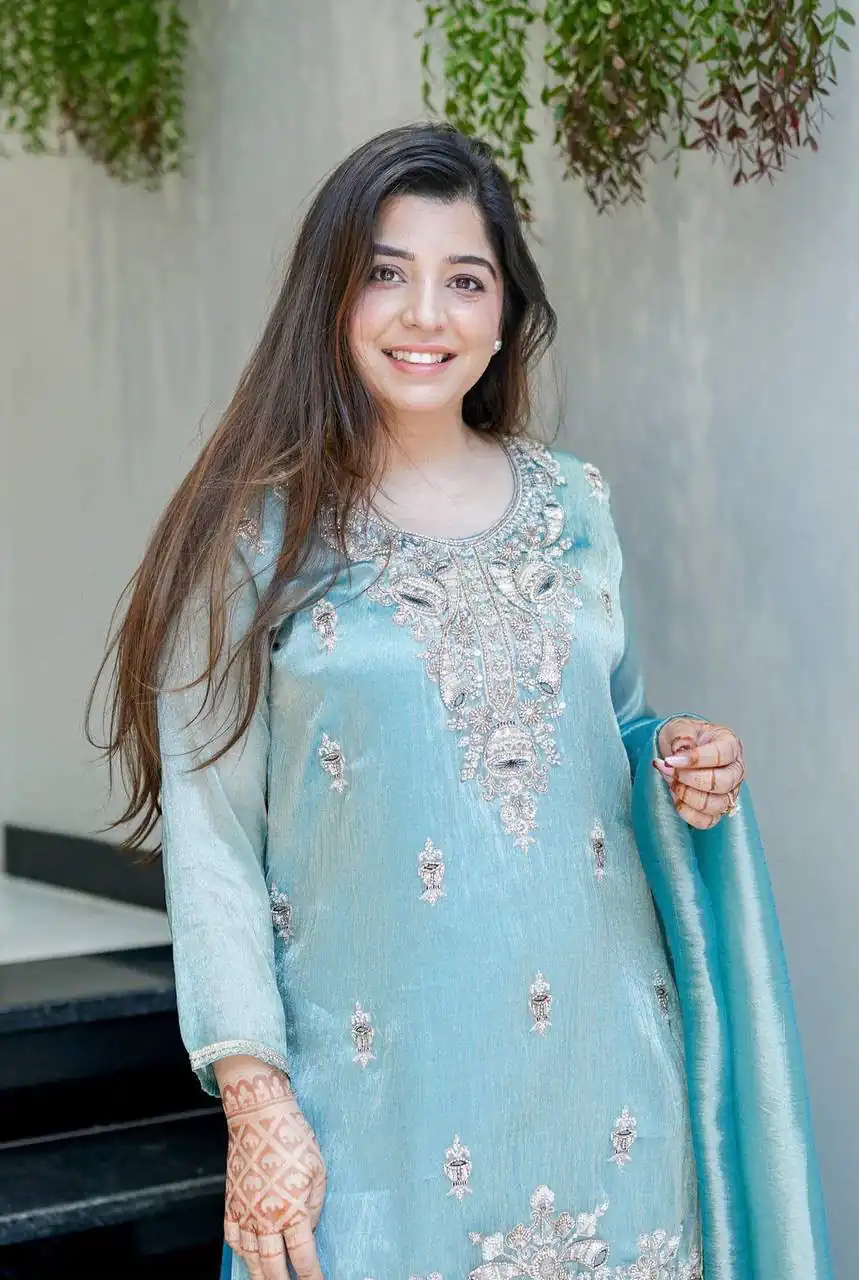 Fancy Blue Fandy Satin Embroidery Work Salwar Suit - Image 3