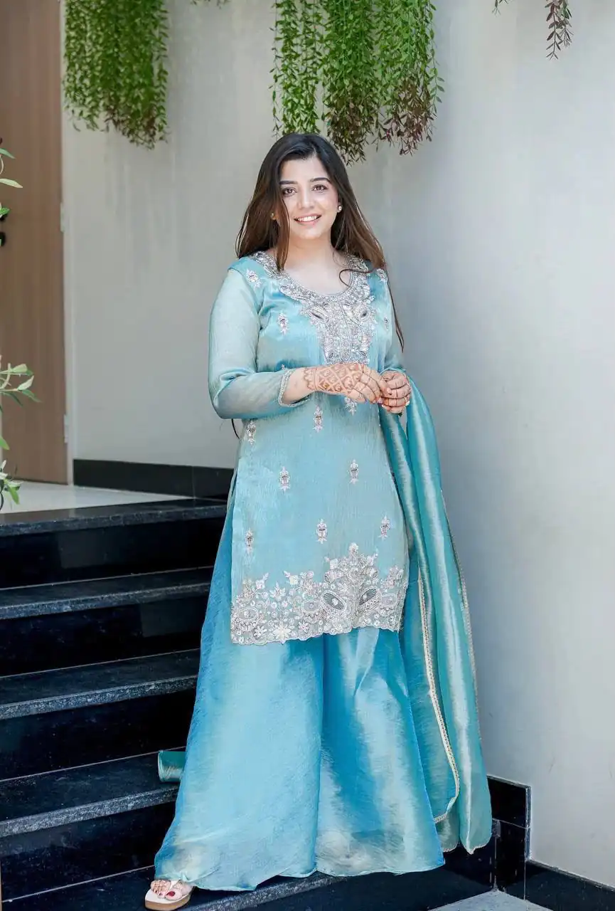 Fancy Blue Fandy Satin Embroidery Work Salwar Suit - Image 2