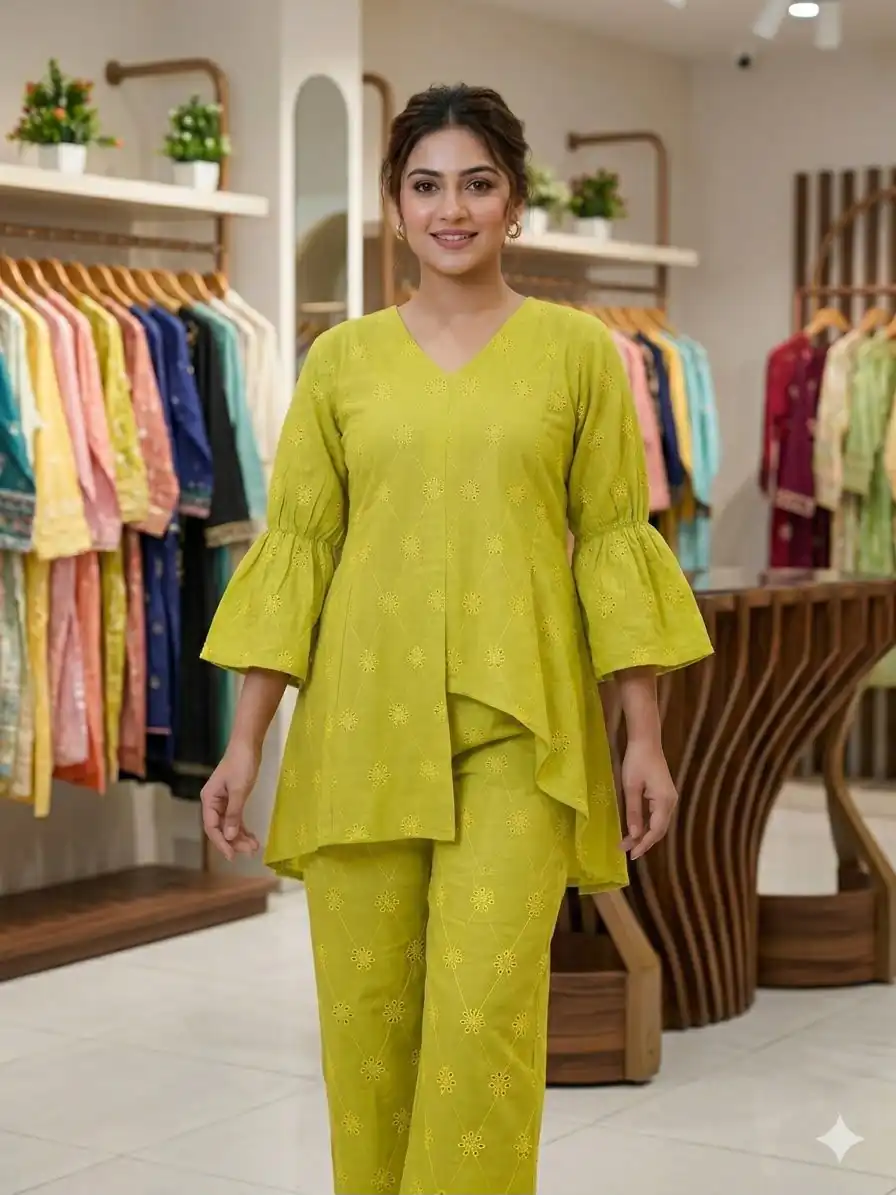 Fancy Lime Yellow Cotton Embroidery Work Salwar Suit - Image 4