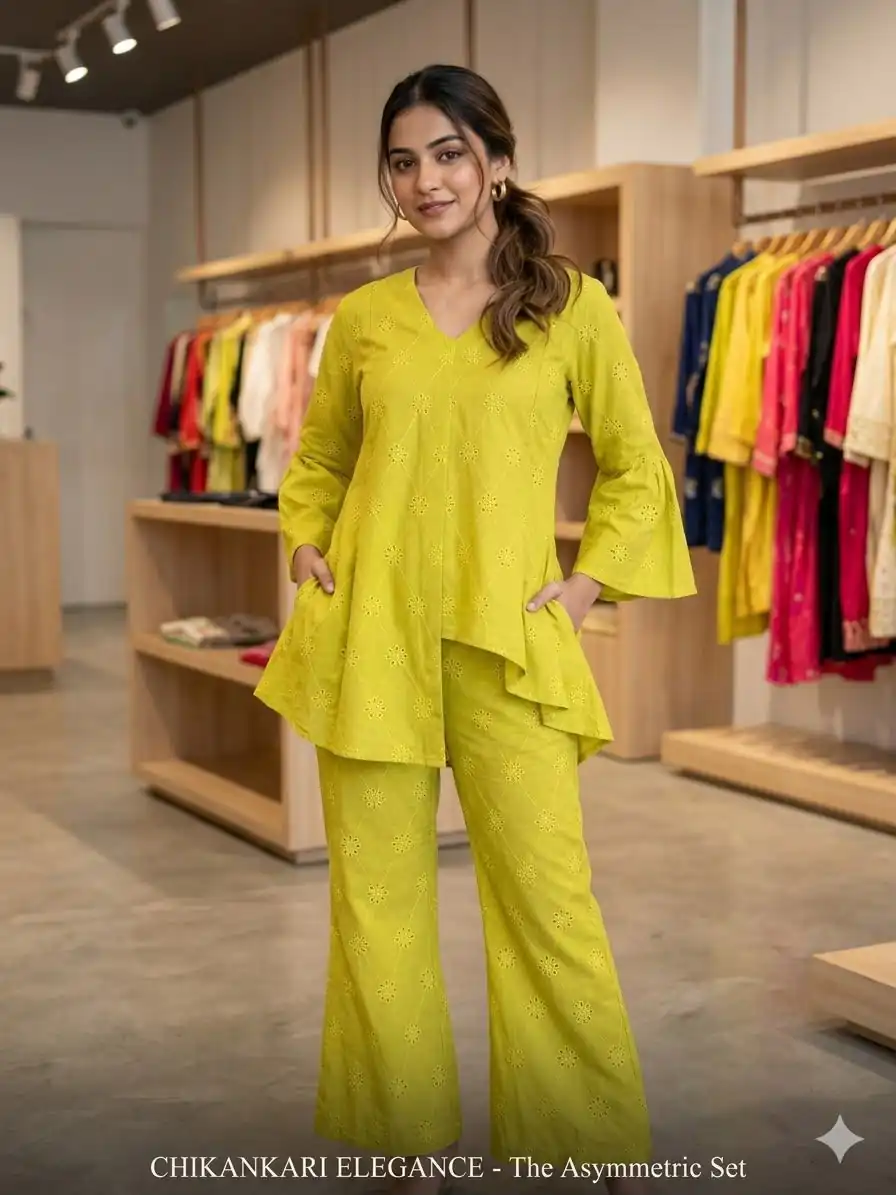 Fancy Lime Yellow Cotton Embroidery Work Salwar Suit - Image 3