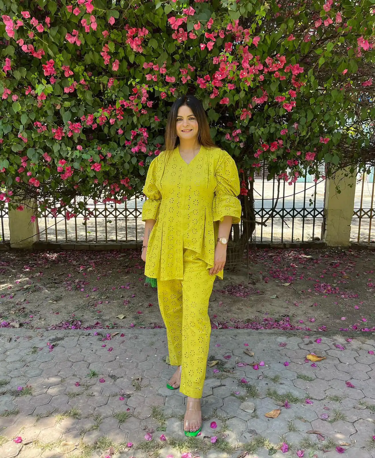 Fancy Lime Yellow Cotton Embroidery Work Salwar Suit - Image 2