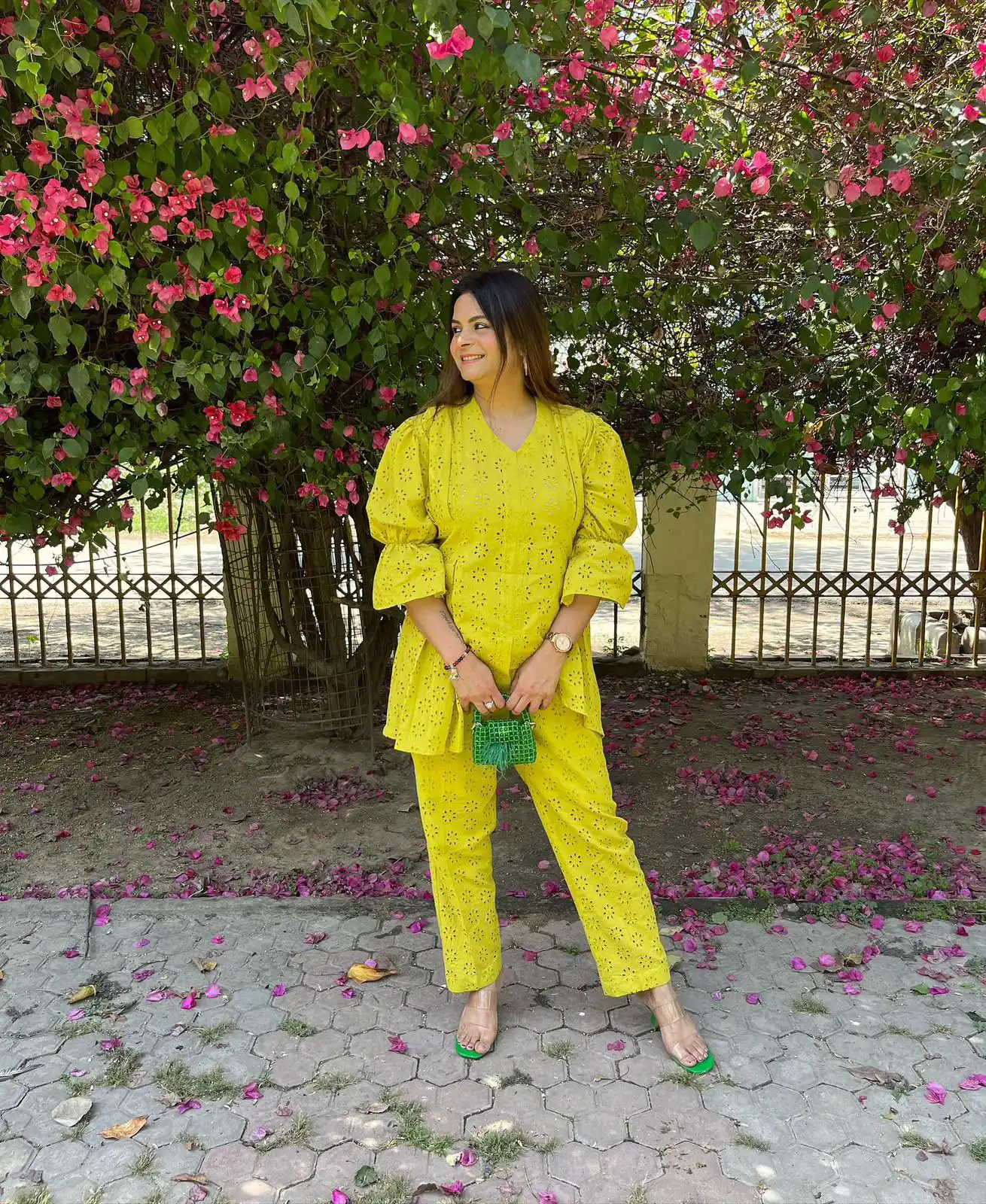 Fancy Lime Yellow Cotton Embroidery Work Salwar Suit