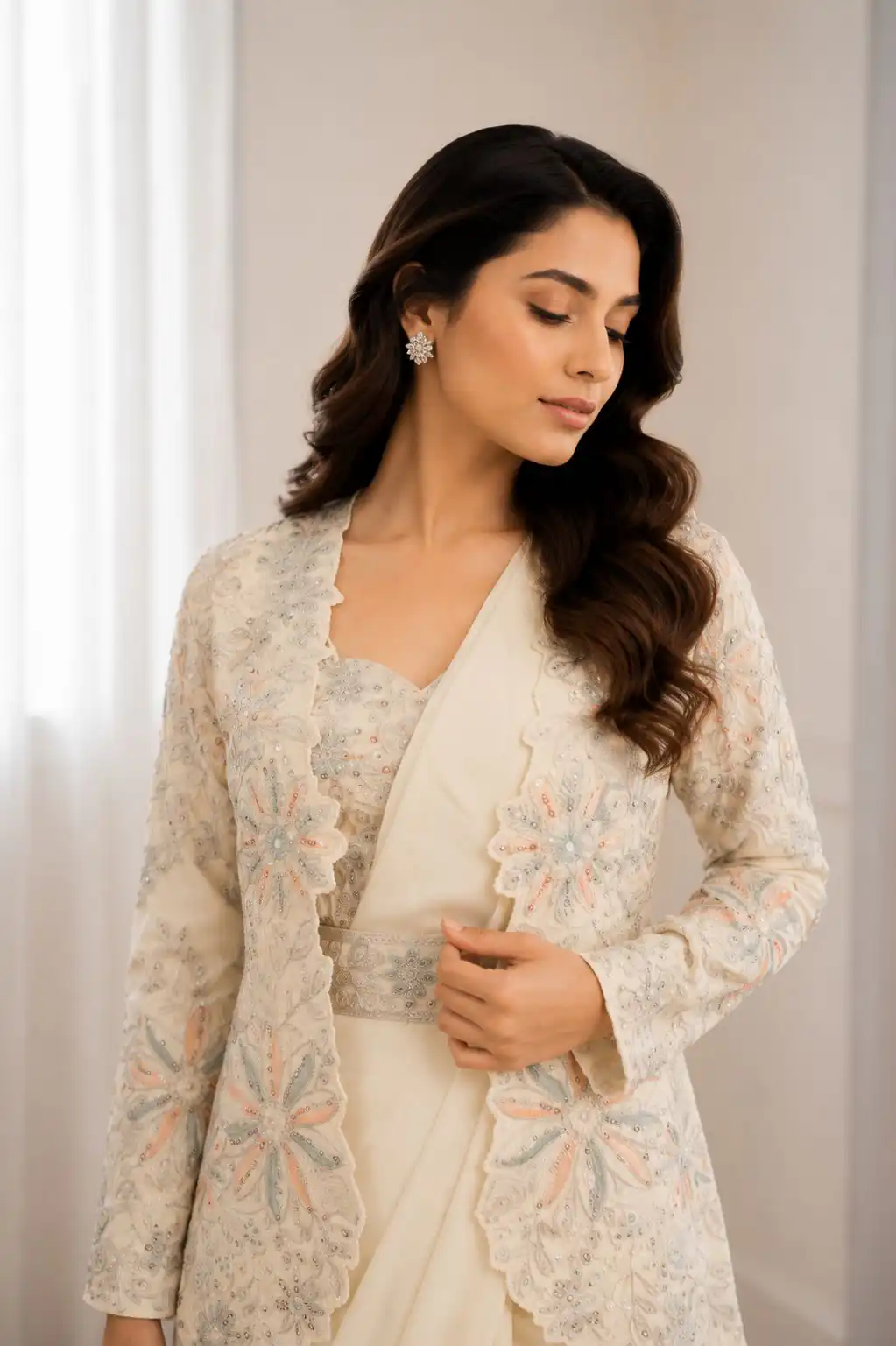 Fancy Off White Crap Silk Embroidery Work Saree - Image 2