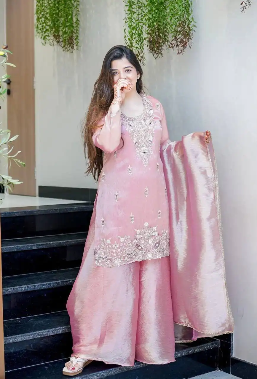 Fancy Pink Fandy Satin Embroidery Work Salwar Suit