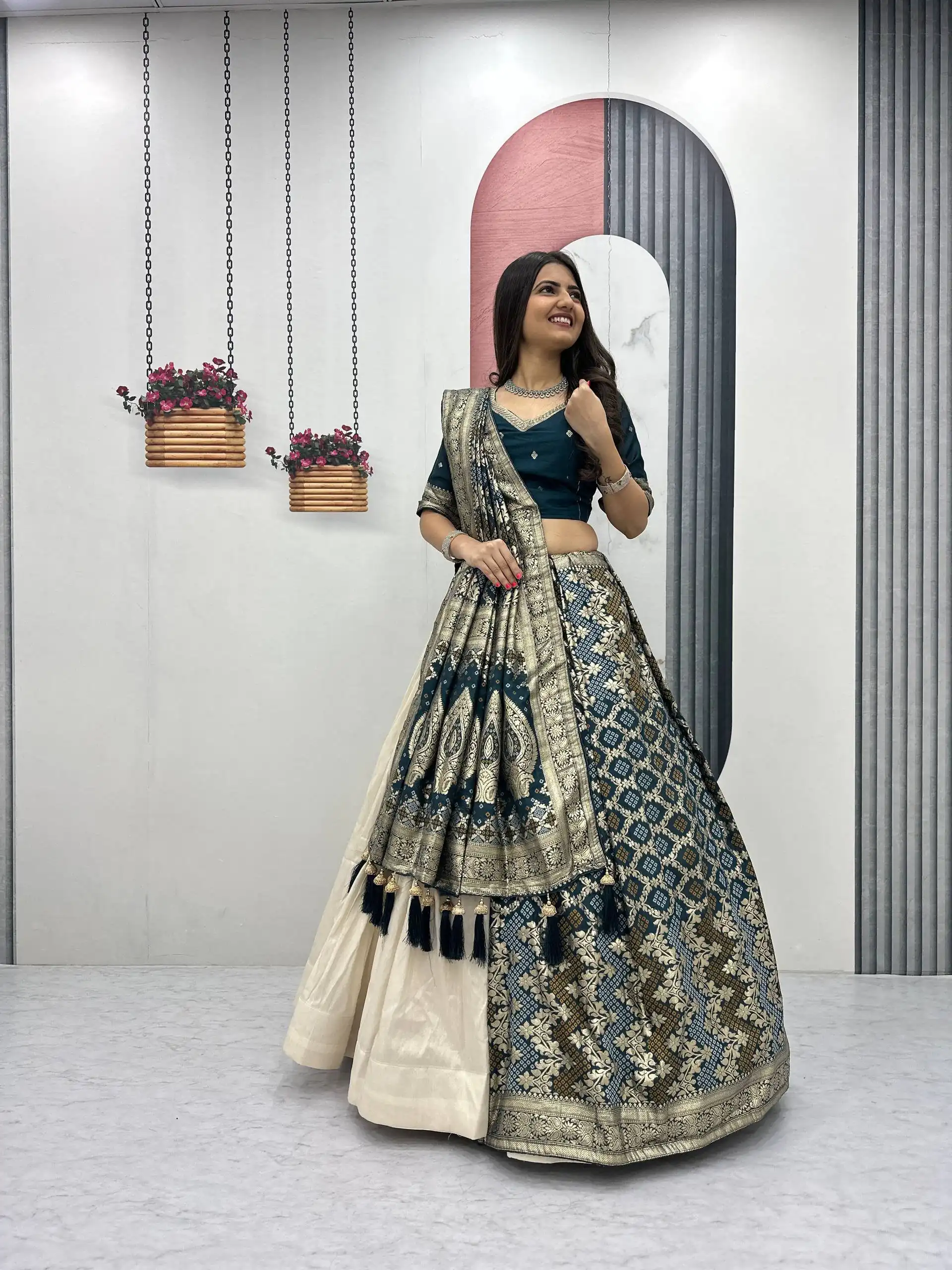 Fancy Teal Jacquard Silk Moti Work Lehenga Choli