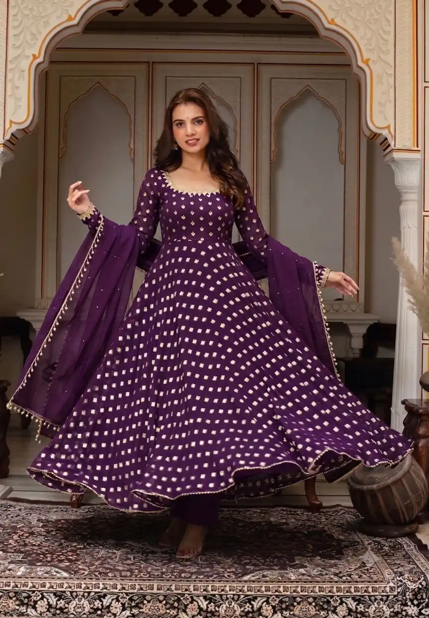 Fancy Wine Chanderi Jacquard Butti Mirror Work Anarkali Suit - Image 2