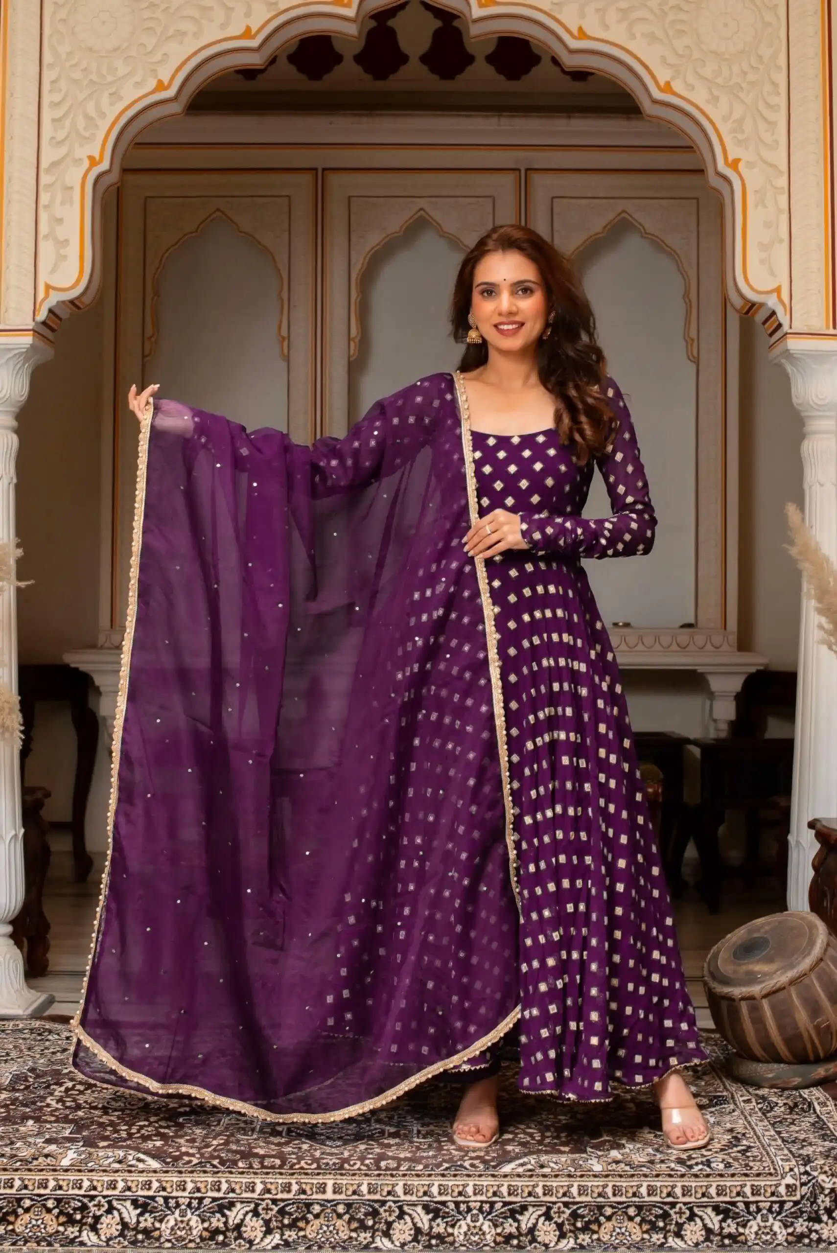 Fancy Wine Chanderi Jacquard Butti Mirror Work Anarkali Suit