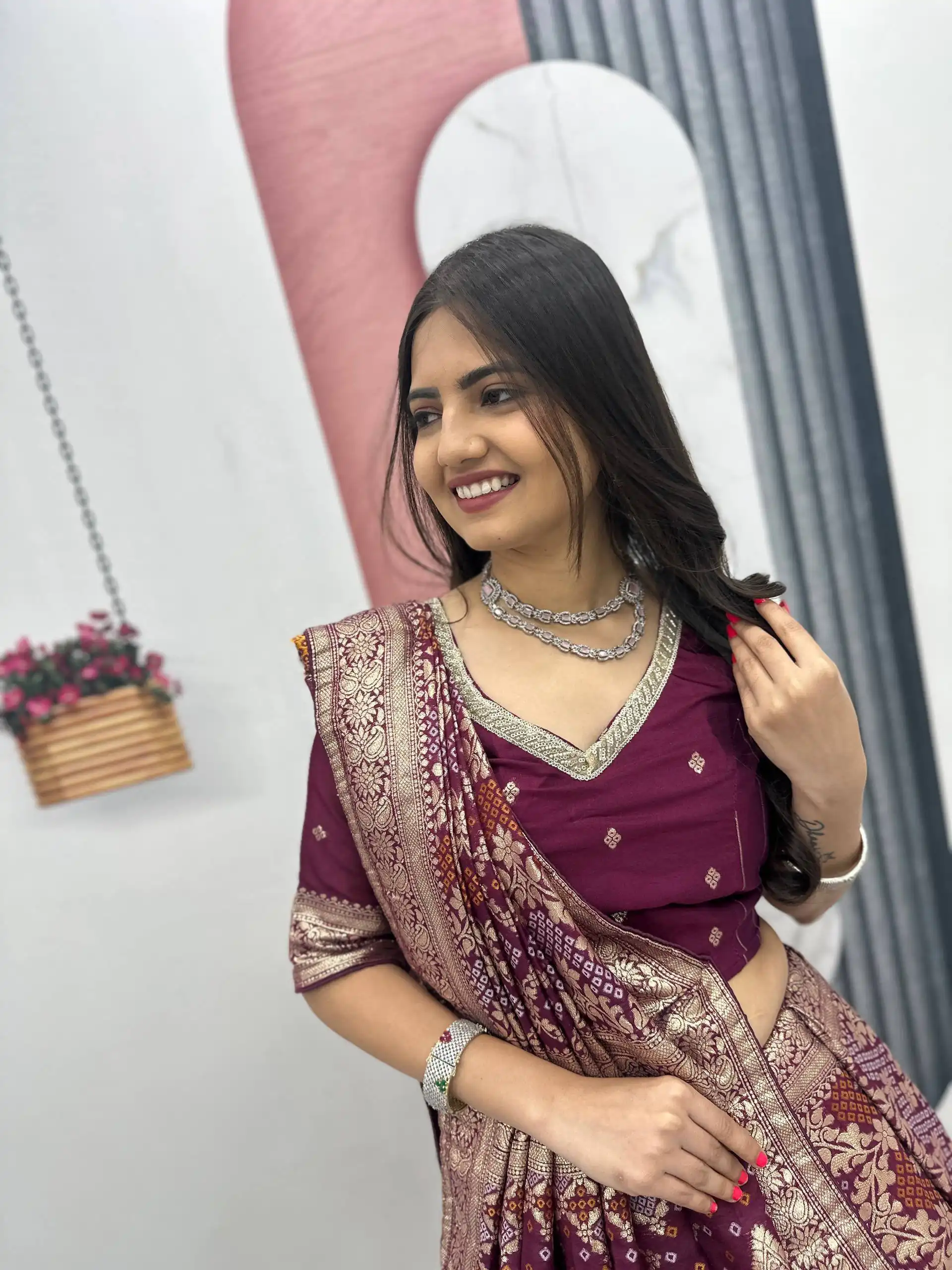Fancy Wine Jacquard Silk Moti Work Lehenga Choli - Image 6