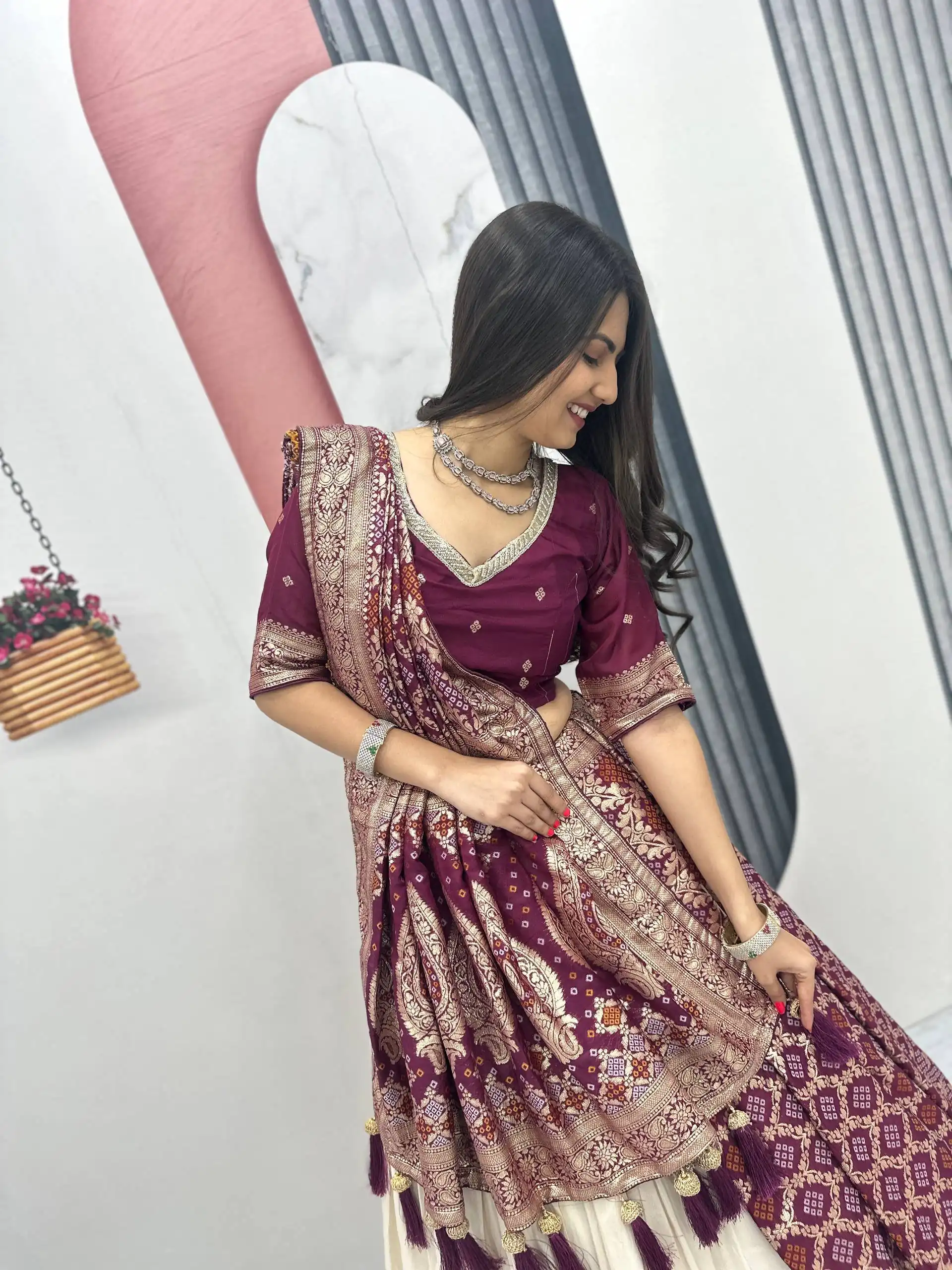 Fancy Wine Jacquard Silk Moti Work Lehenga Choli - Image 4