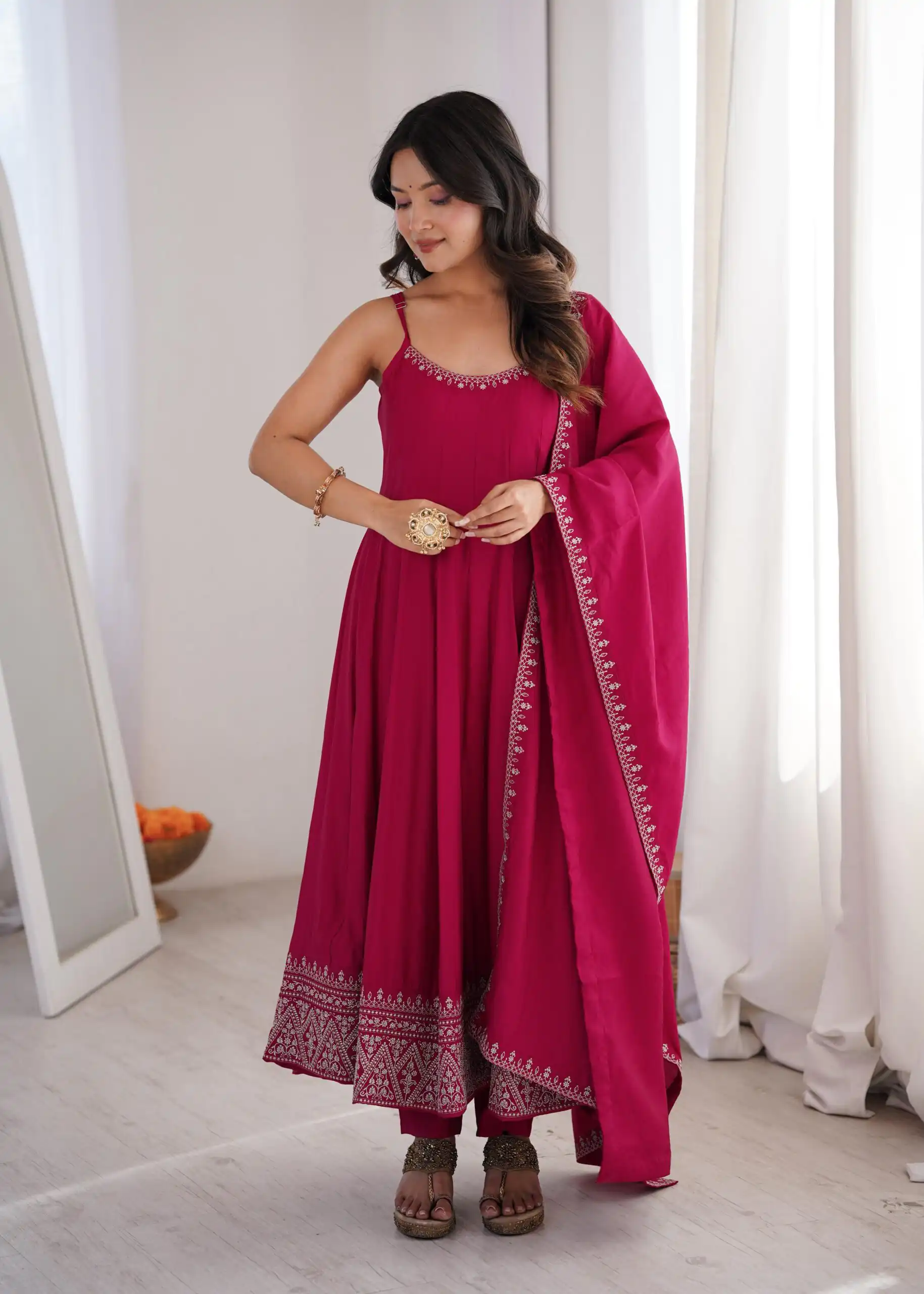 Nice Pink Roman Silk Chanderi Embroider Work Anarkali Suit - Image 4