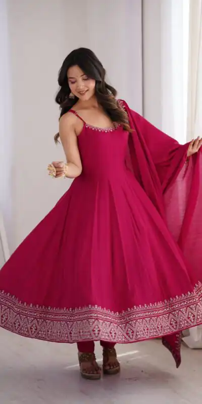 Nice Pink Roman Silk Chanderi Embroider Work Anarkali Suit