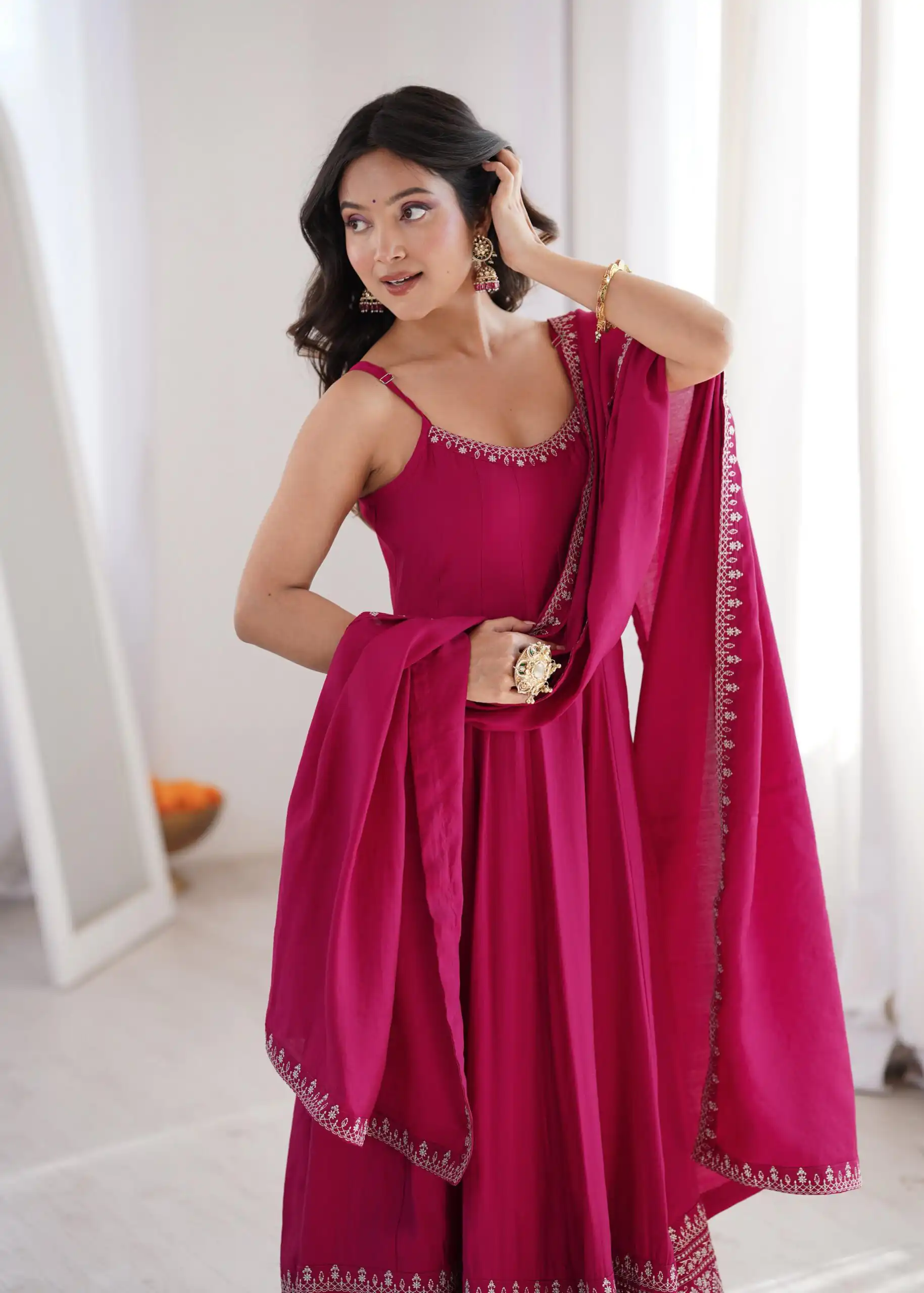 Nice Pink Roman Silk Chanderi Embroider Work Anarkali Suit - Image 9