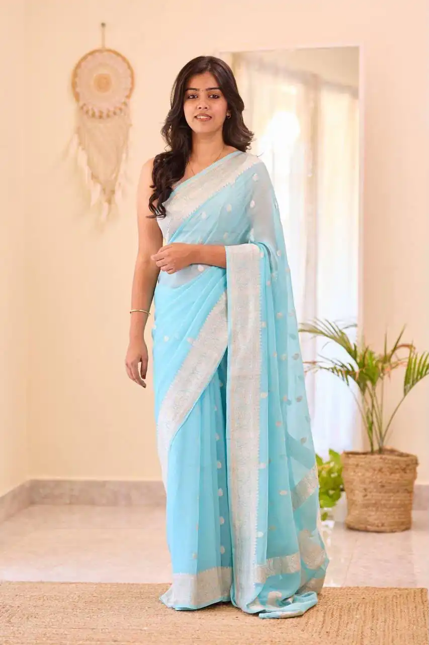 Perfect Sky Blue Soft Lilan Slab Jacquard Work Saree - Image 2