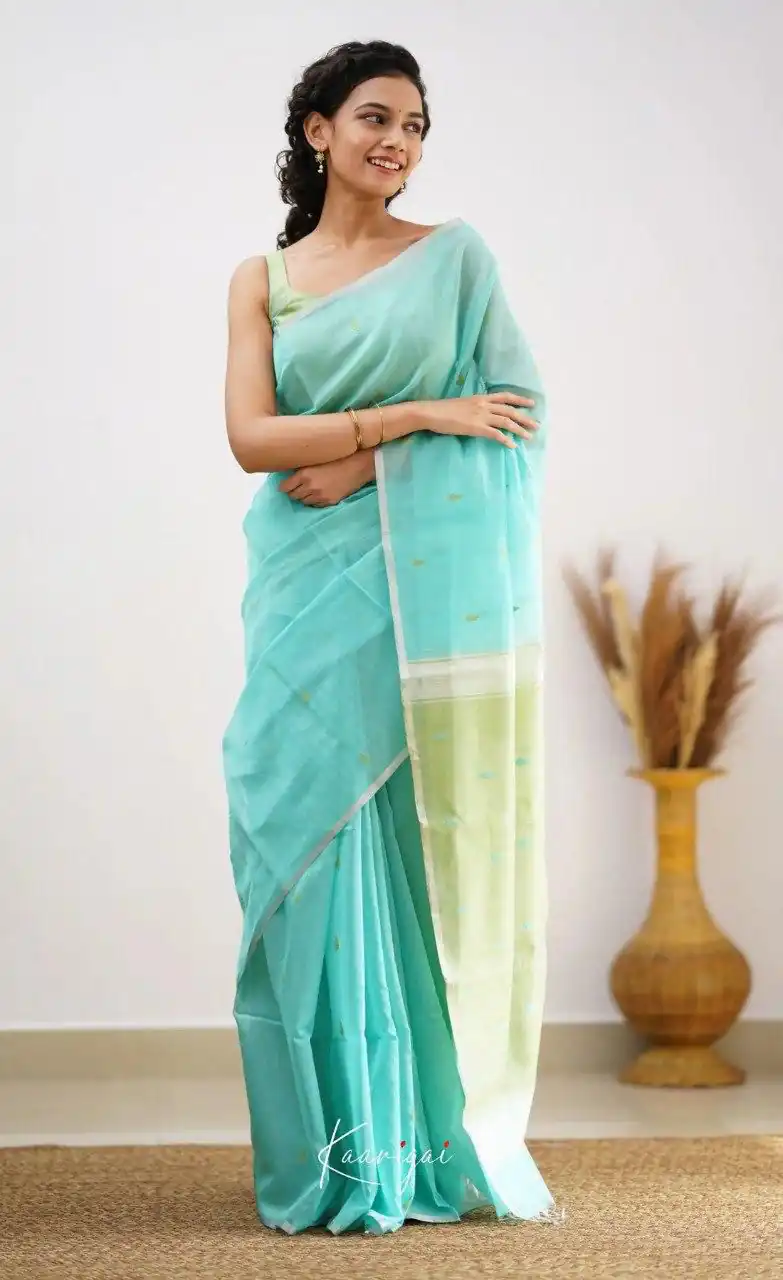 Perfect Sky Blue Soft Lilan Slab Weaving Work Saree - Image 3