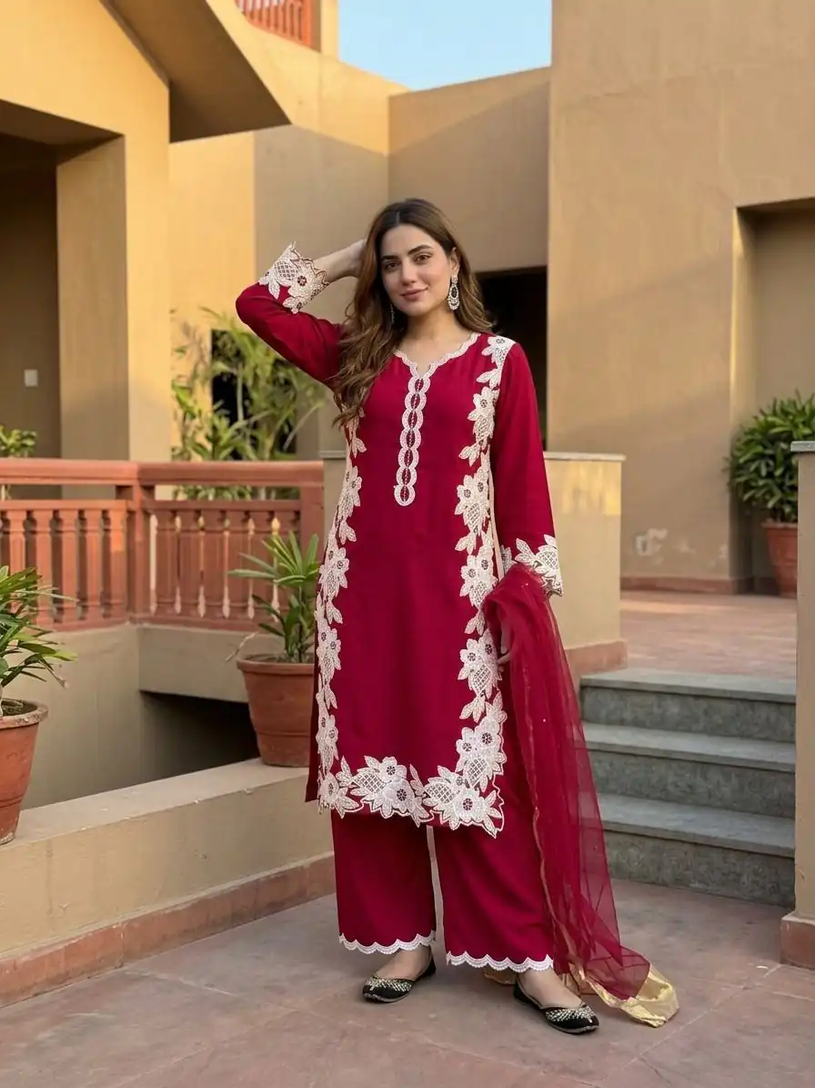 Pretty Red Natural Silk Embroidery Work Salwar Suit - Image 3