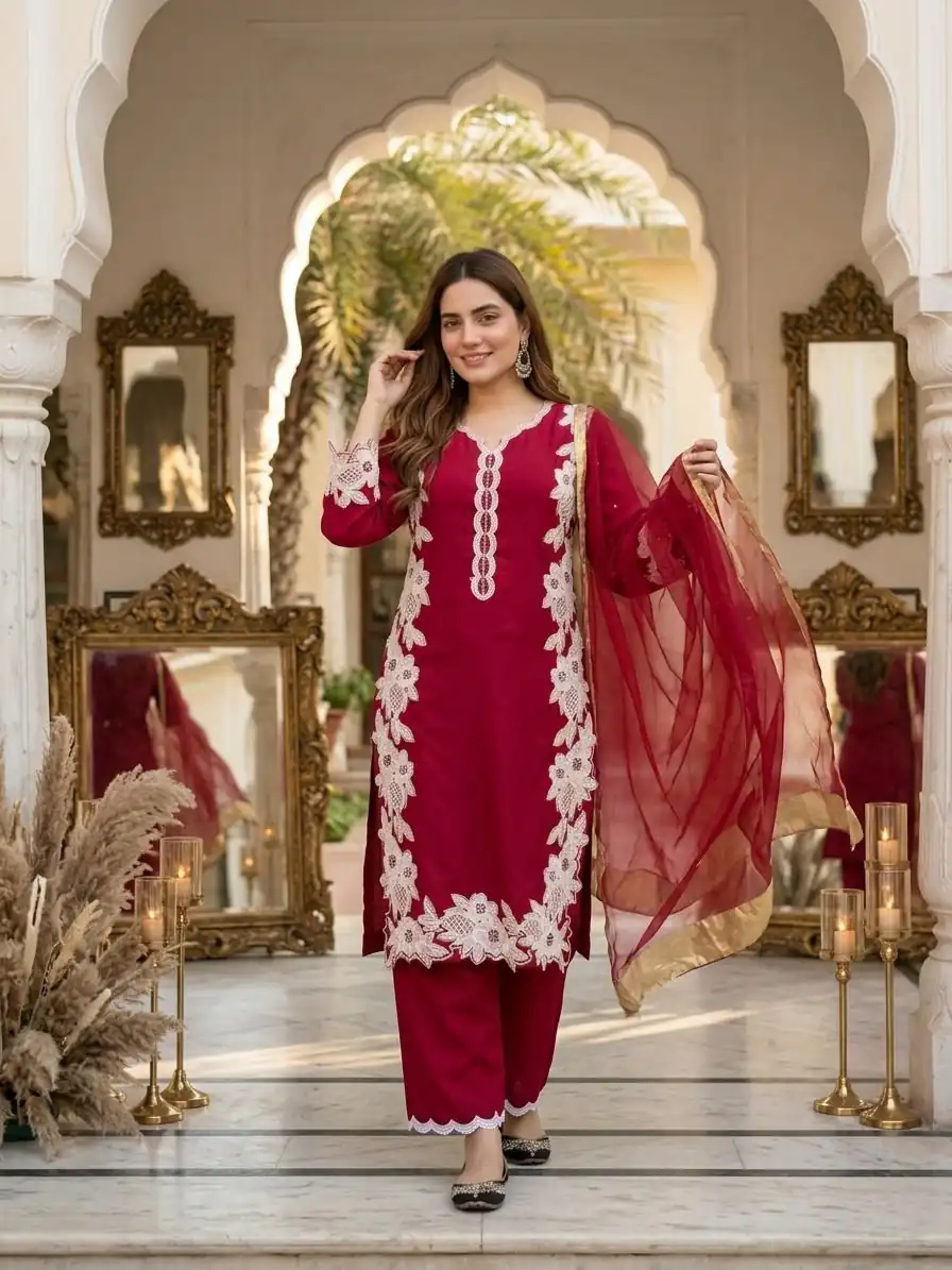 Pretty Red Natural Silk Embroidery Work Salwar Suit