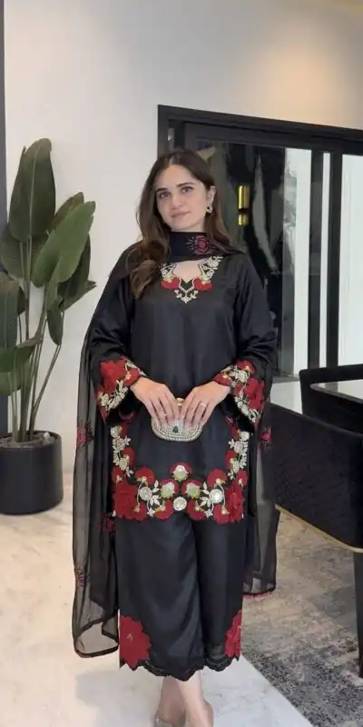 Alternative view of Shiny Black Roman Glass Embroidery Work Salwar Suit