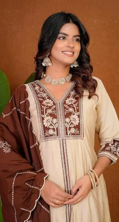 Alternative view of Shiny Cream Roman Silk Thread Work Salwar Suit