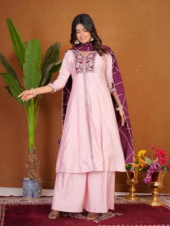 Shiny Pink Roman Silk Thread Work Salwar Suit - Image 4