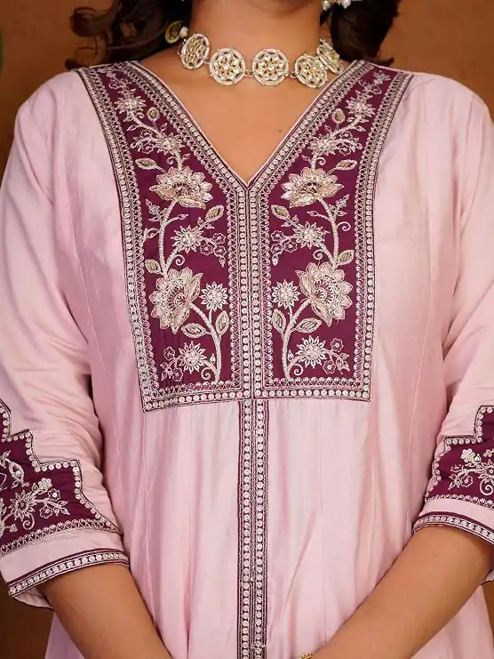 Shiny Pink Roman Silk Thread Work Salwar Suit - Image 3