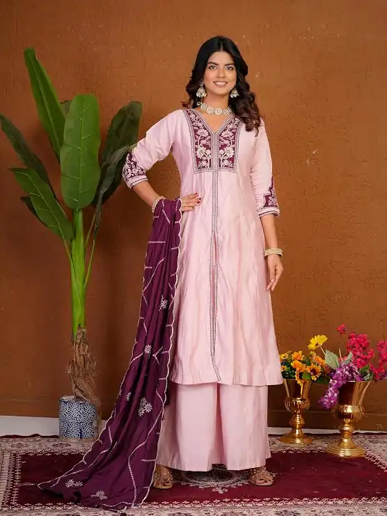 Shiny Pink Roman Silk Thread Work Salwar Suit