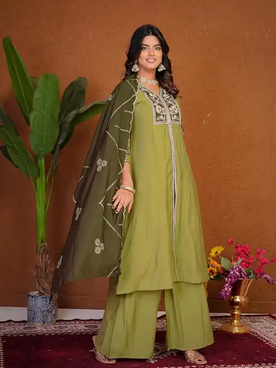 Shiny Pista Roman Silk Thread Work Salwar Suit - Image 3