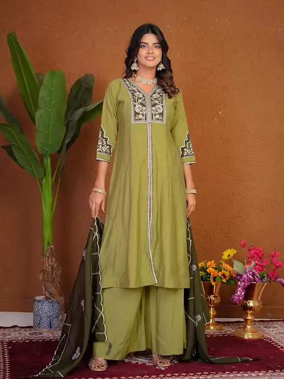 Shiny Pista Roman Silk Thread Work Salwar Suit