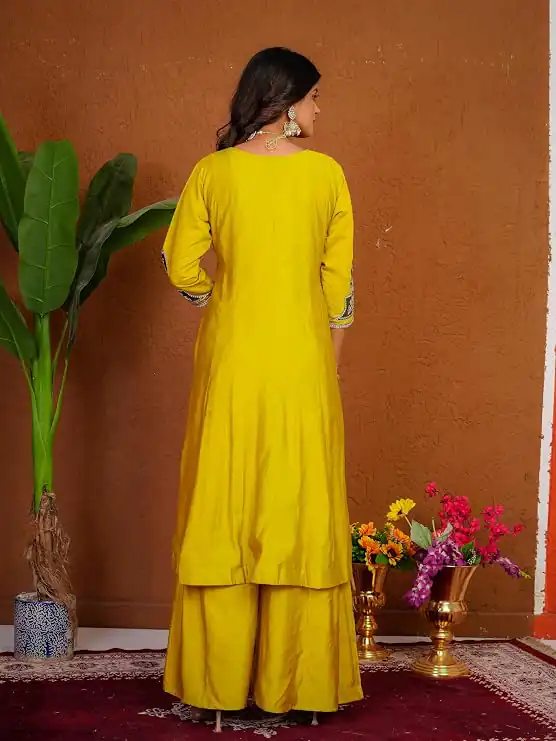 Shiny Yellow Roman Silk Thread Work Salwar Suit - Image 5