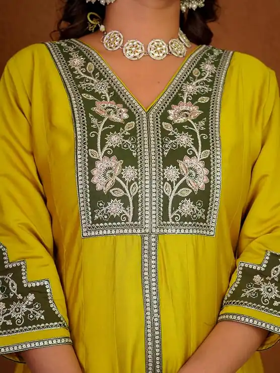 Shiny Yellow Roman Silk Thread Work Salwar Suit - Image 3
