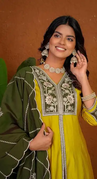 Alternative view of Shiny Yellow Roman Silk Thread Work Salwar Suit