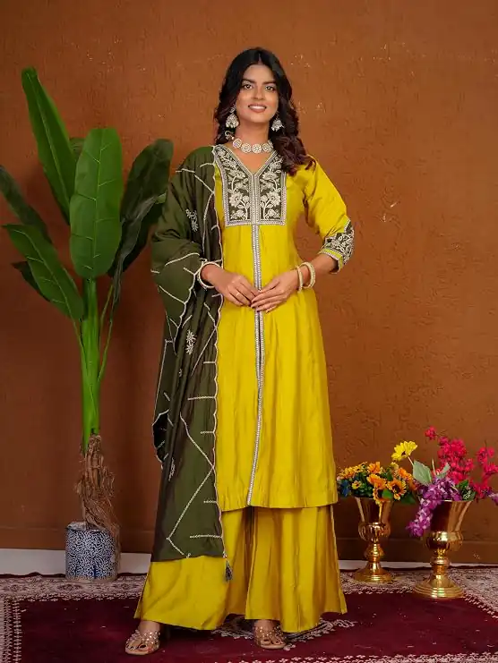 Shiny Yellow Roman Silk Thread Work Salwar Suit