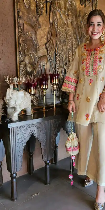 Simple Cream Cos Moss Mirror Embroidery Work Salwar Suit