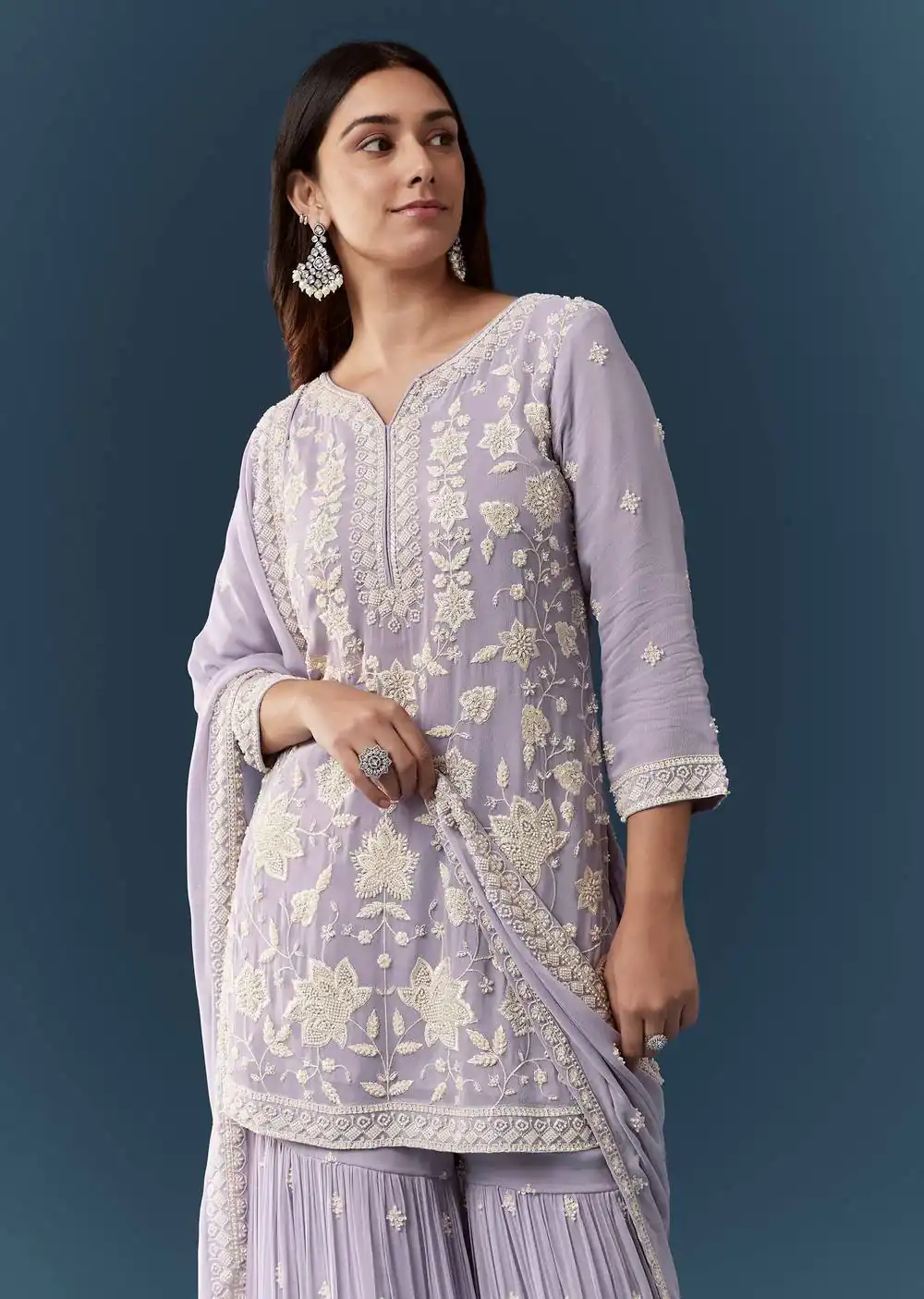 Solid Lavender Chiffon Georgette Embroider Work Salwar Suit - Image 4