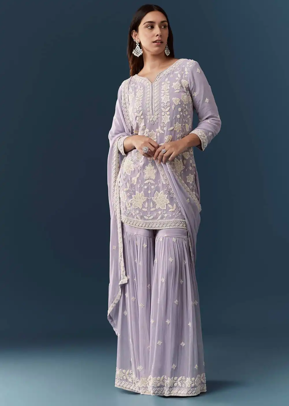 Solid Lavender Chiffon Georgette Embroider Work Salwar Suit - Image 3