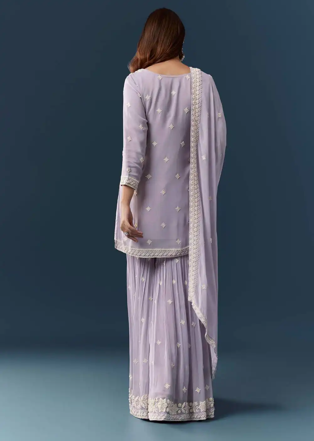 Solid Lavender Chiffon Georgette Embroider Work Salwar Suit - Image 5