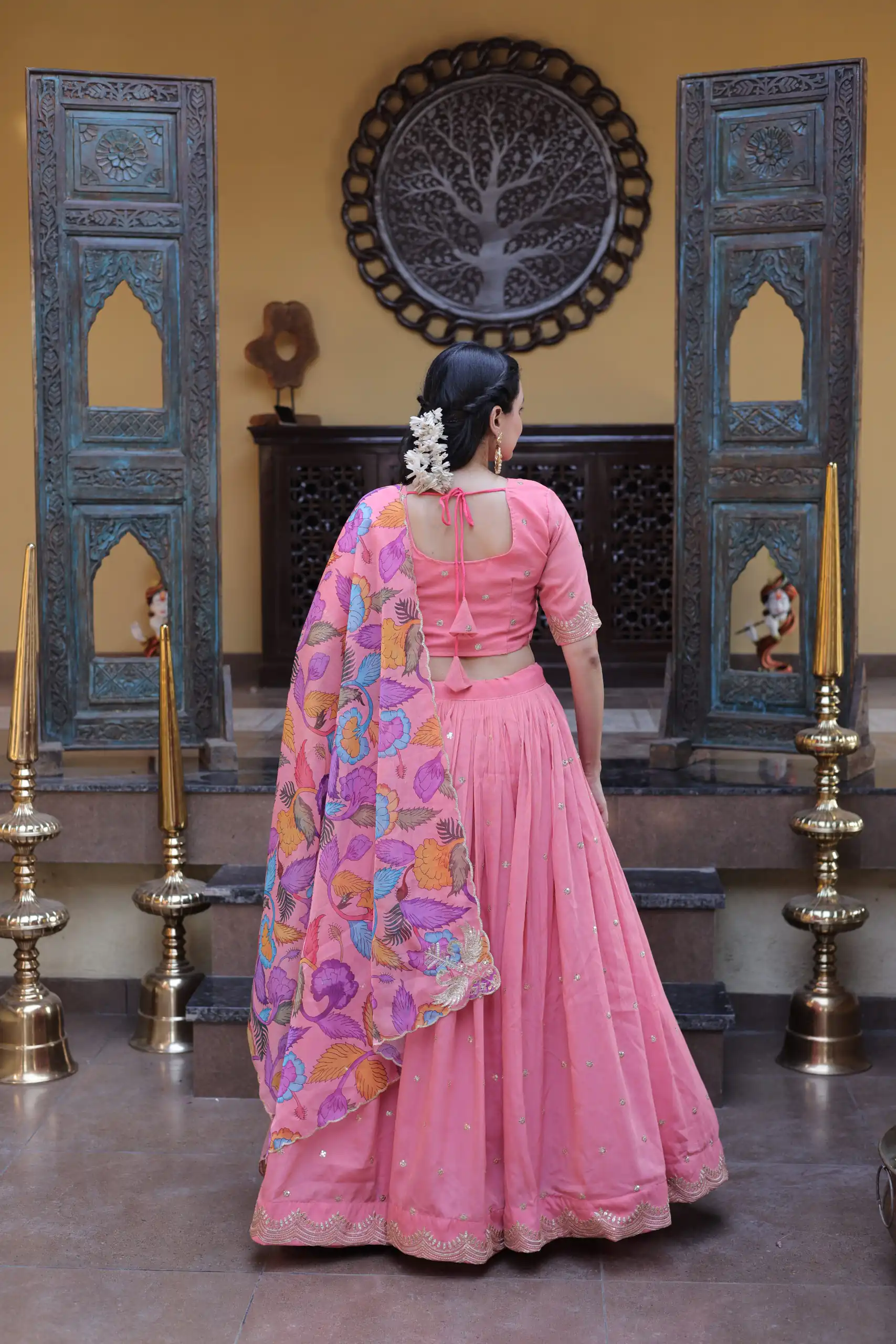 Solid Peach Cosmos Silk Zari Embroidery Work Lehenga Choli - Image 6