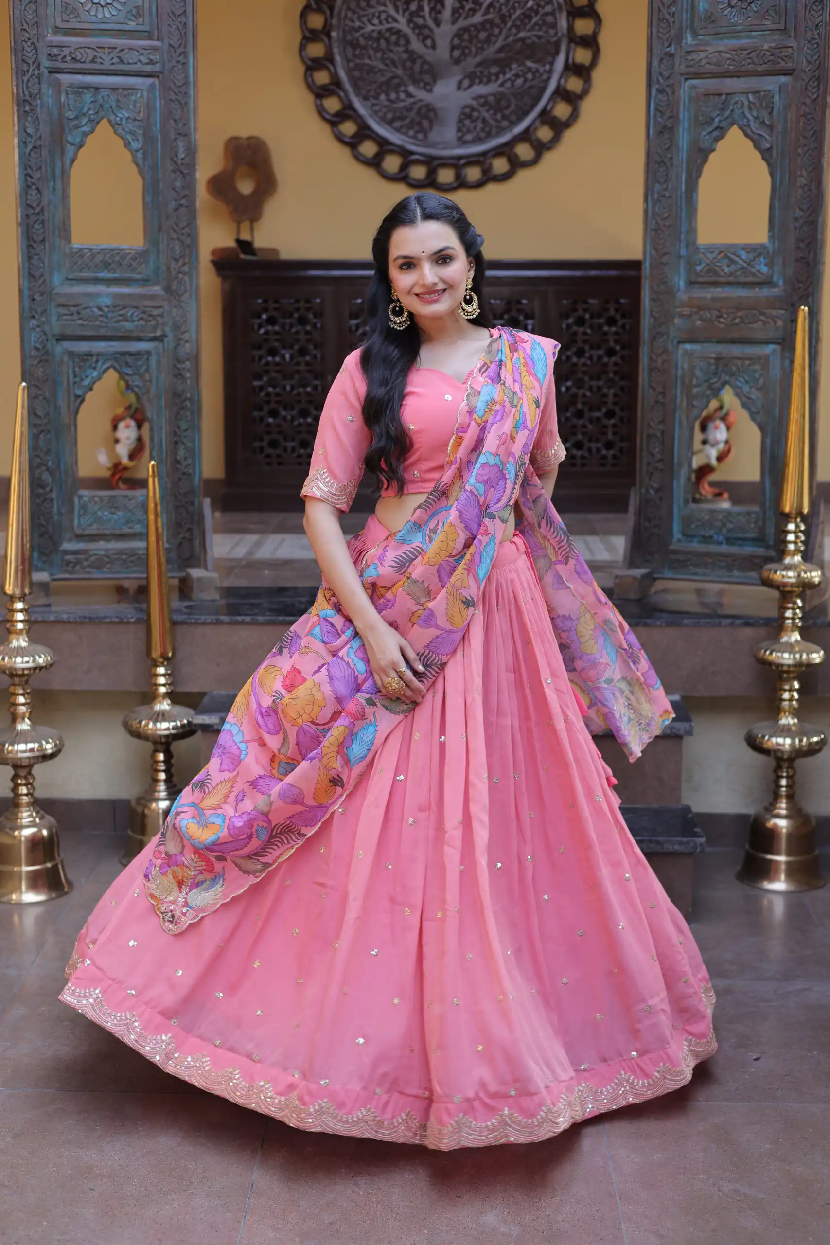 Solid Peach Cosmos Silk Zari Embroidery Work Lehenga Choli - Image 5