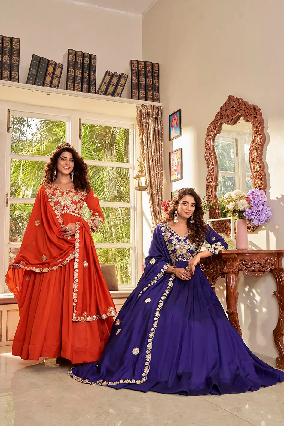 Stunning Orange Vichitra Embroider Work Gown - Image 3