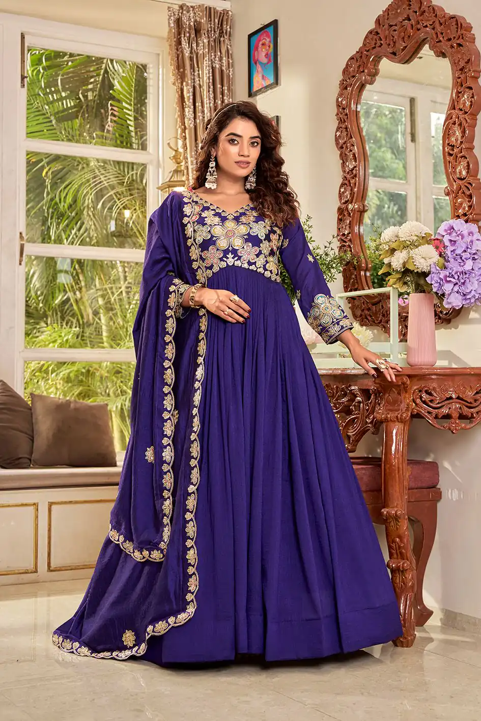 Stunning Purple Vichitra Embroider Work Gown