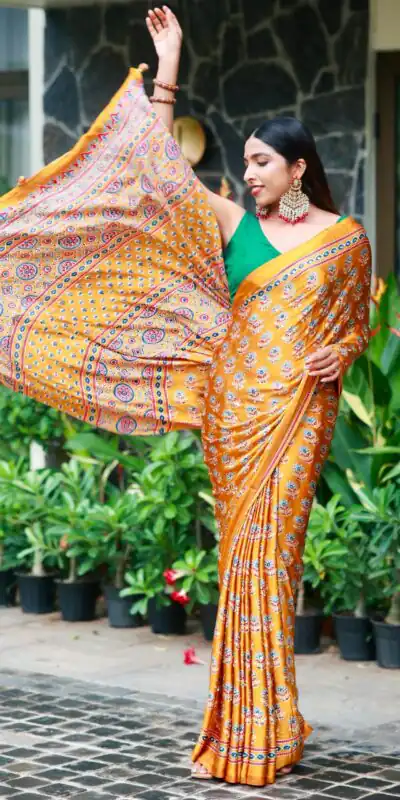 Alternative view of Stunning Yellow Soft Satin Crap Real Mirror Work Saree