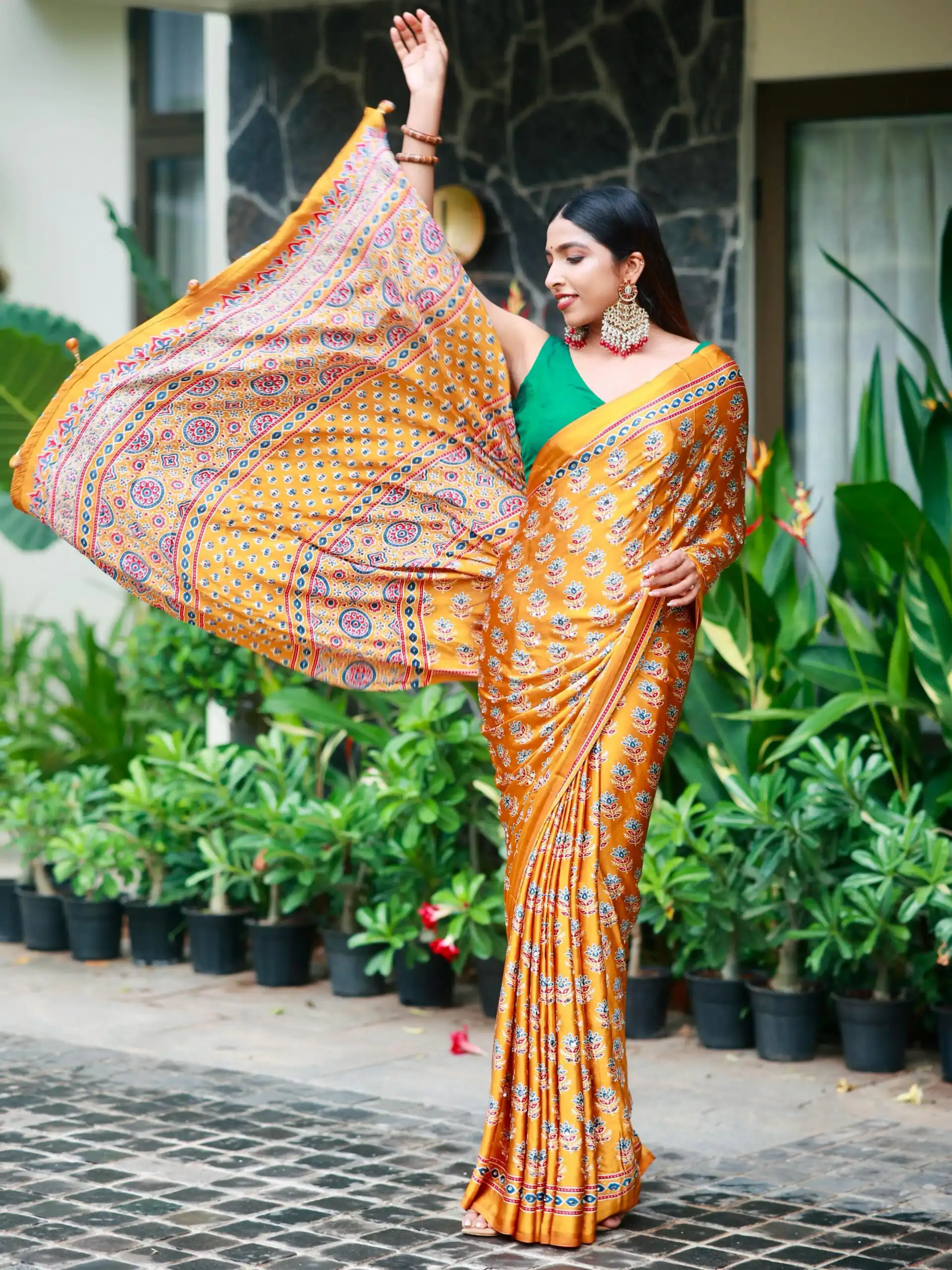 Stunning Yellow Soft Satin Crap Real Mirror Work Saree - Image 2