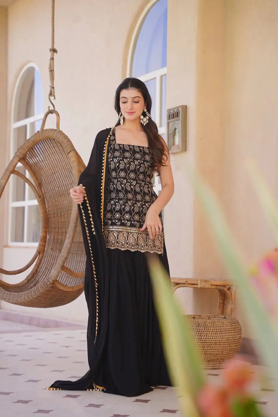 Stylist Black Blooming Faux Georgette Embroidery Work Salwar Suit - Image 3
