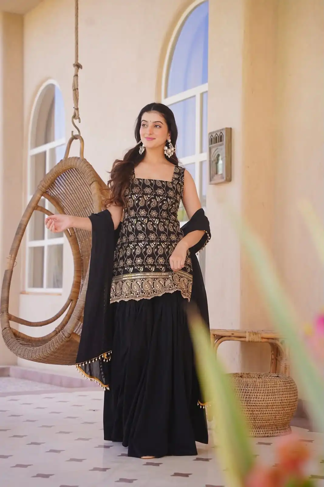 Stylist Black Blooming Faux Georgette Embroidery Work Salwar Suit