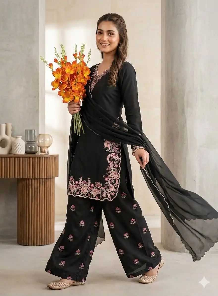 Super Black Vichitra Silk Embroidery Hand Work Salwar Suit - Image 3