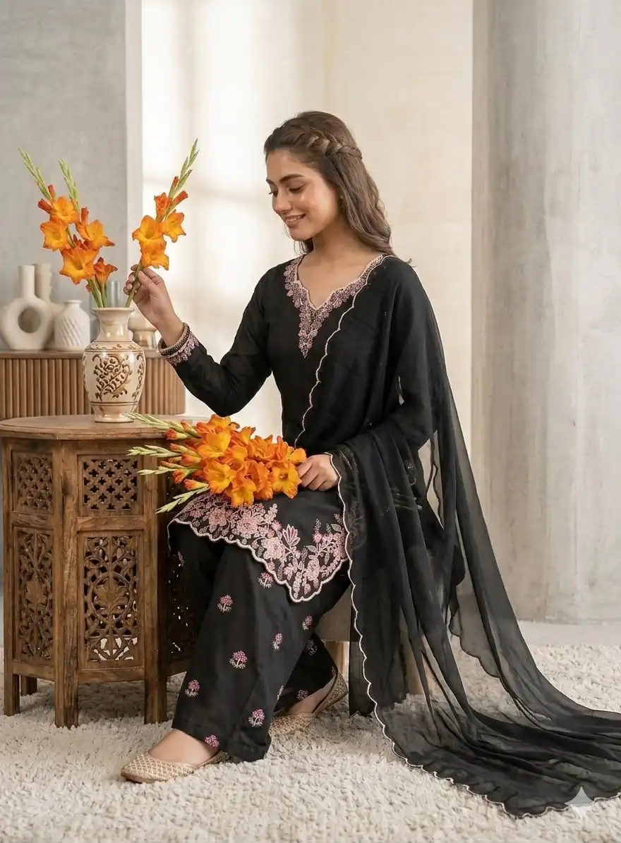 Super Black Vichitra Silk Embroidery Hand Work Salwar Suit