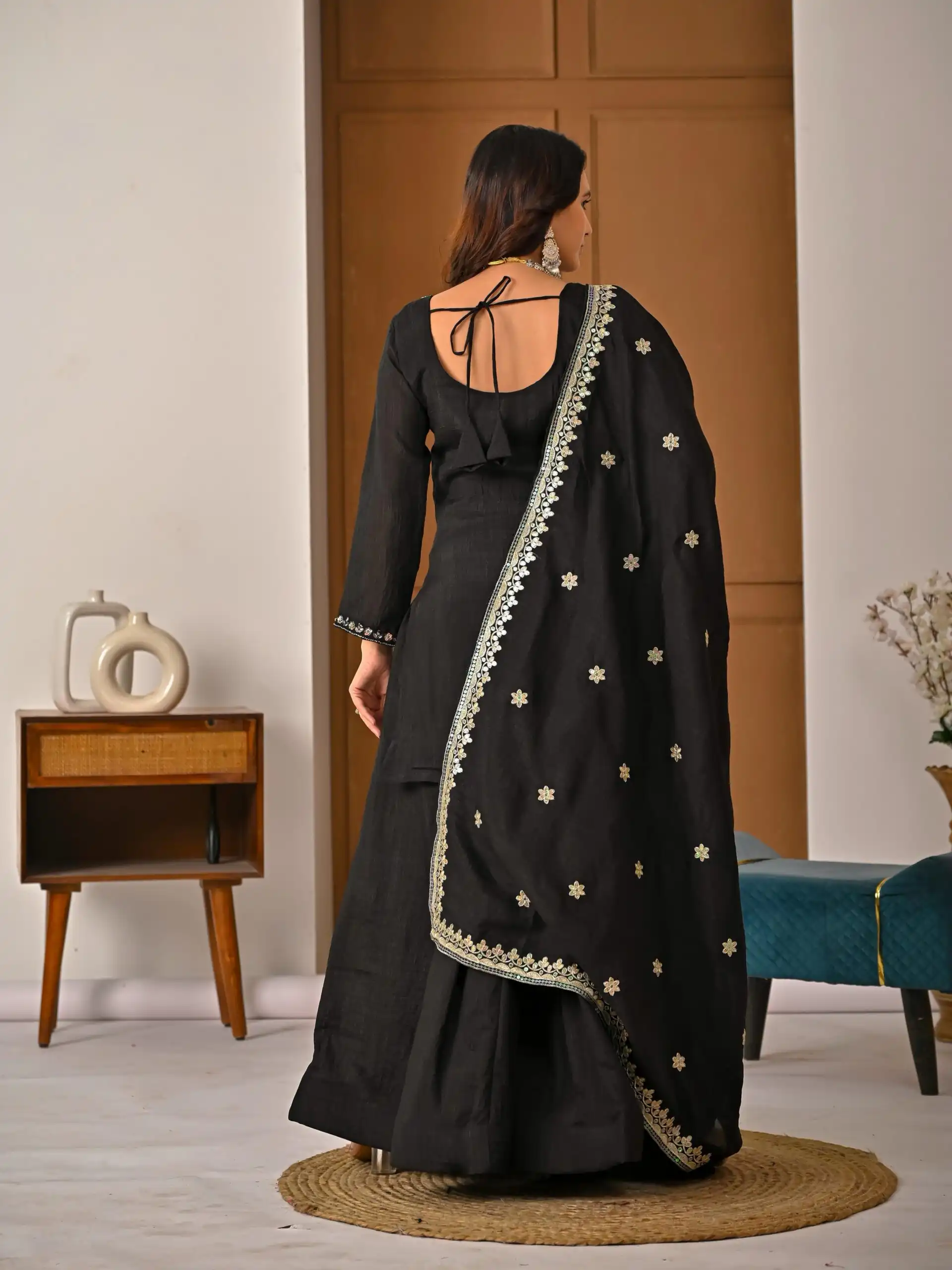 Super Black Vichitra Silk Embroidery Hand Work Salwar Suit - Image 13