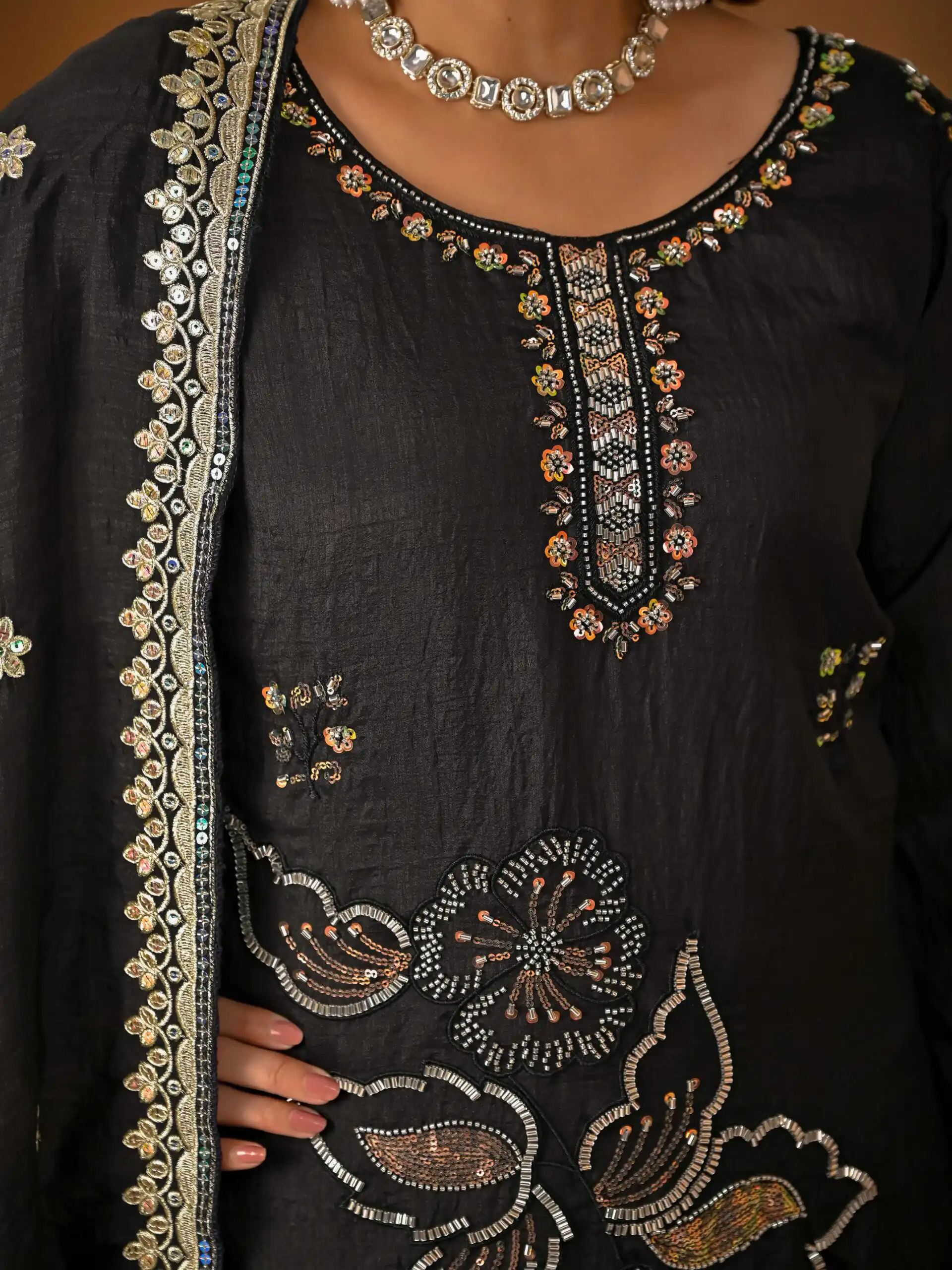Super Black Vichitra Silk Embroidery Hand Work Salwar Suit - Image 11