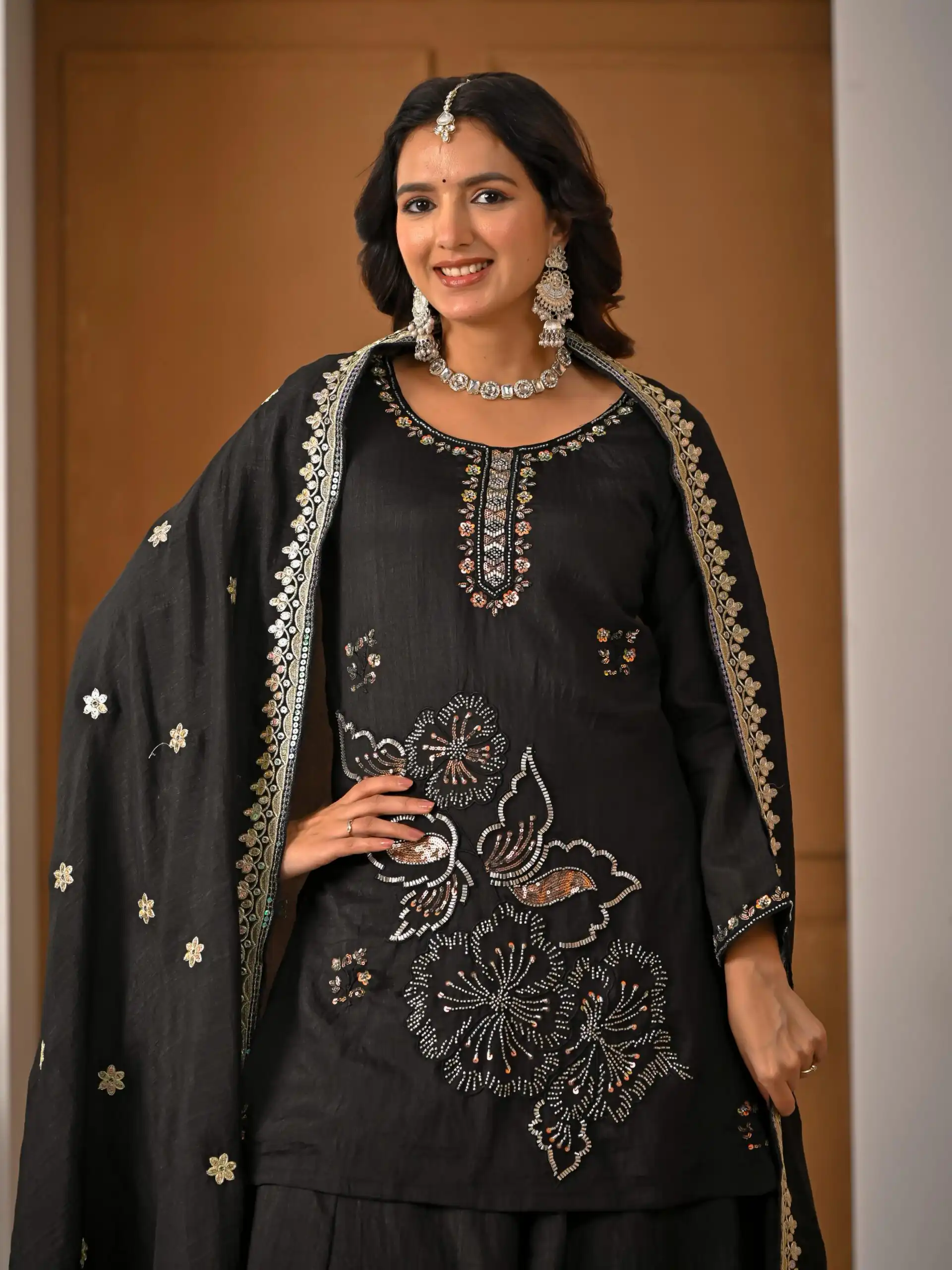 Super Black Vichitra Silk Embroidery Hand Work Salwar Suit - Image 9