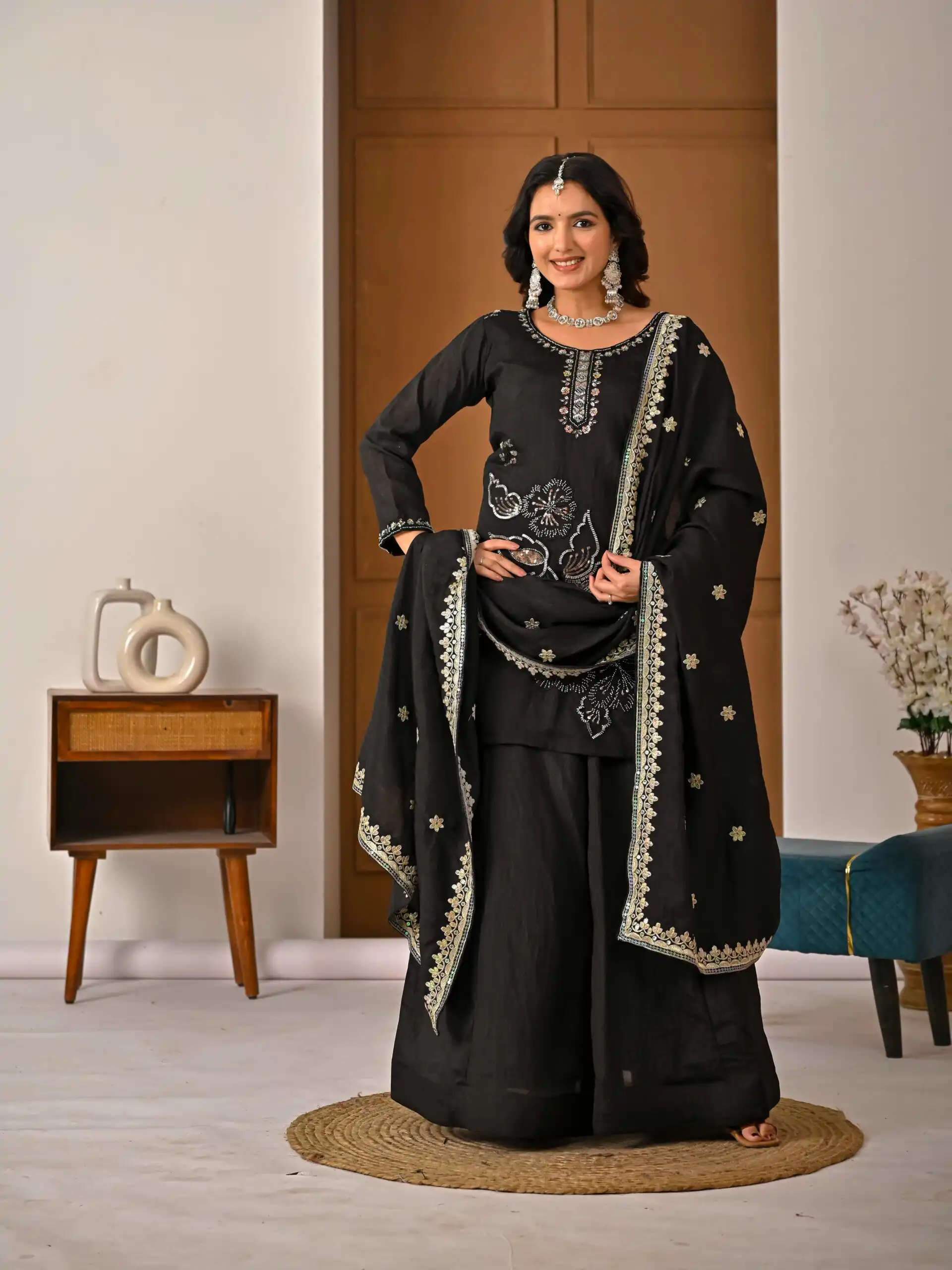 Super Black Vichitra Silk Embroidery Hand Work Salwar Suit - Image 6